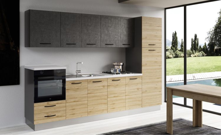 Gilda cucina 300 cm colore rovere cadiz e cemento scuro -3 elettrodomestici, frigo da 230 lt-Legno naturale-Pannello