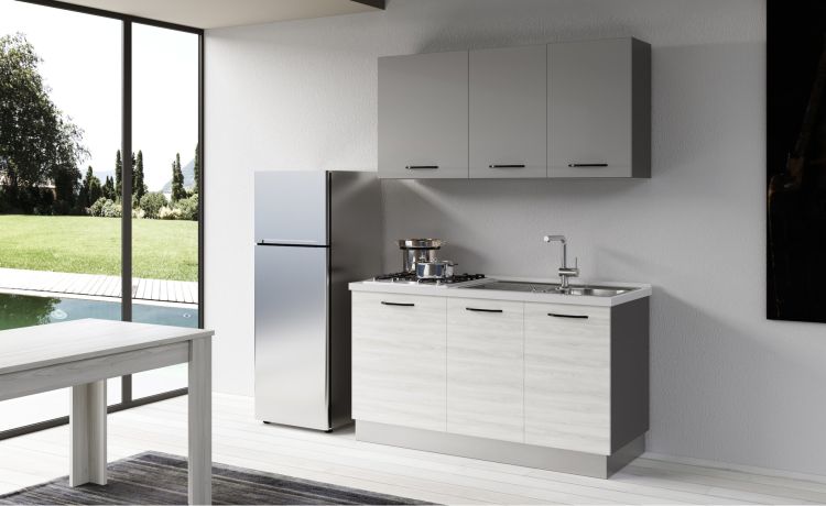 Gilda cucina 150 cm colore frassino ghiaccio e light grey-1 elettrodomestico, Piano Cottura a GAS-Grigio-Pannello-216 cmx150 cm