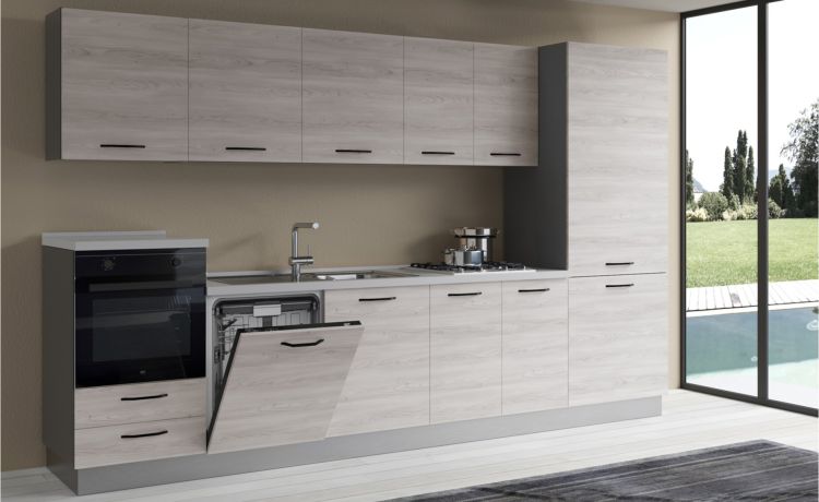 Gilda cucina 345 cm colore frassino ghiaccio -4 elettrodomestici, frigo da 400 lt--Pannello-216 cmx345 cm
