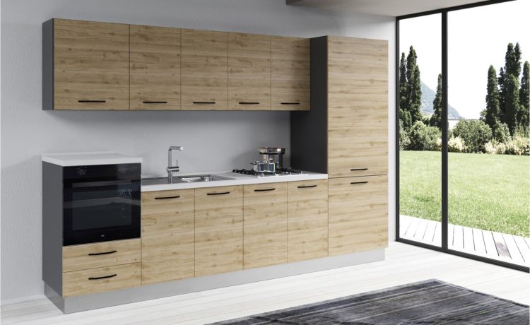 Gilda cucina 315 cm colore rovere cadiz -3 elettrodomestici, frigo da 400 lt--Pannello-216 cmx315 cm
