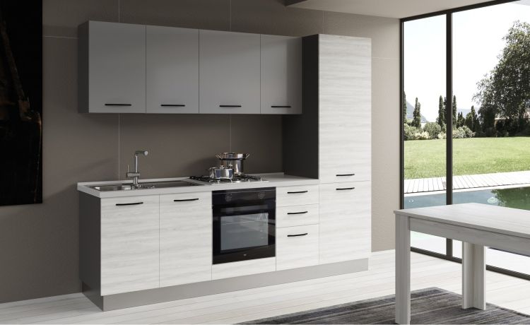 Gilda cucina 255 cm colore frassino ghiaccio e light grey-3 elettrodomestici, frigo da 320 lt-Grigio chiaro-Pannello