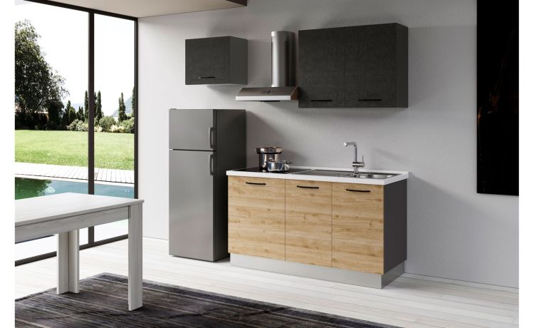 Gilda 2.0 cucina 210 cm colore rovere cadiz e portland -2 elettrodomestici, Piano Cottura a INDUZIONE, frigo 230 lt-Pietra scura-Pannello