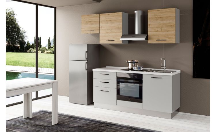 Gilda 2.0 cucina 240 cm colore light grey e rovere cadiz -3 elettrodomestici, Piano Cottura a INDUZIONE, frigo 230 lt-Grigio chiaro-Pannello