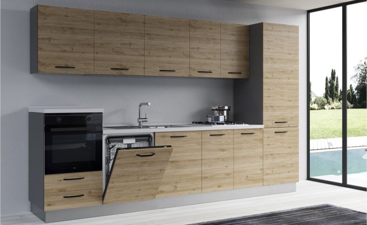 Gilda cucina 330 cm colore rovere cadiz -4 elettrodomestici--Pannello-216 cmx330 cm
