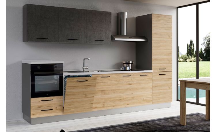 Gilda 2.0 cucina 330 cm colore rovere cadiz e portland-4 elettrodomestici, Piano Cottura a INDUZIONE-Legno naturale-Pannello melaminico