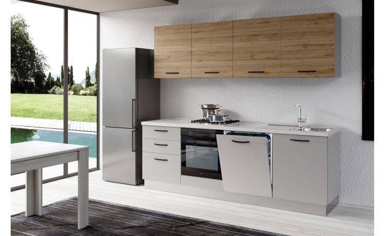 Gilda cucina 300 cm colore light grey e rovere cadiz -4 elettrodomestici, frigo da 320 lt-Grigio chiaro-Pannello