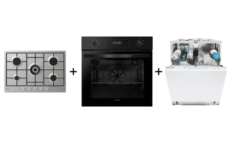 Trittico 75cm Gas &#43; Forno Nero &#43; Lavastoviglie Candy-Piano gas 75cm &#43; forno nero 70L &#43; lavastoviglie 13 coperti