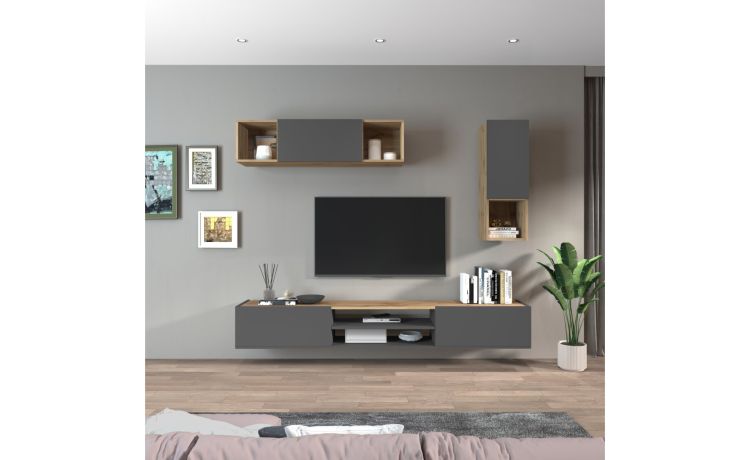Garda parete soggiorno rovere wotan/antracite L210 cm--Nero-Nobilitato