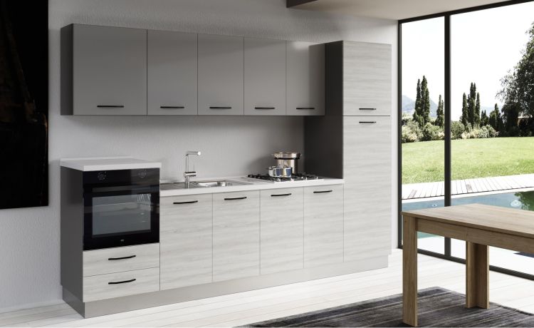 Gilda cucina 300 cm colore frassino ghiaccio e light grey-3 elettrodomestici, frigo da 230 lt-Grigio chiaro-Pannello