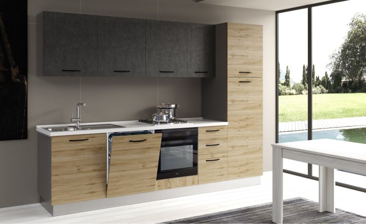 Gilda cucina 285 cm colore rovere cadiz e cemento scuro-4 elettrodomestici, frigo da 230 lt-Legno naturale-Pannello